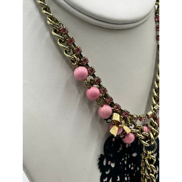Betsey Johnson Multistrand Webb Bows Pink Beads Crystals Black Heart Necklace - Picture 3 of 10